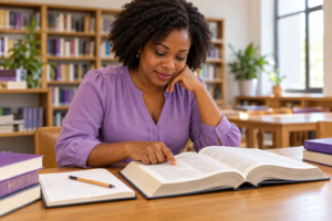 Professora consulta uma entrada num dicionário aberto numa biblioteca